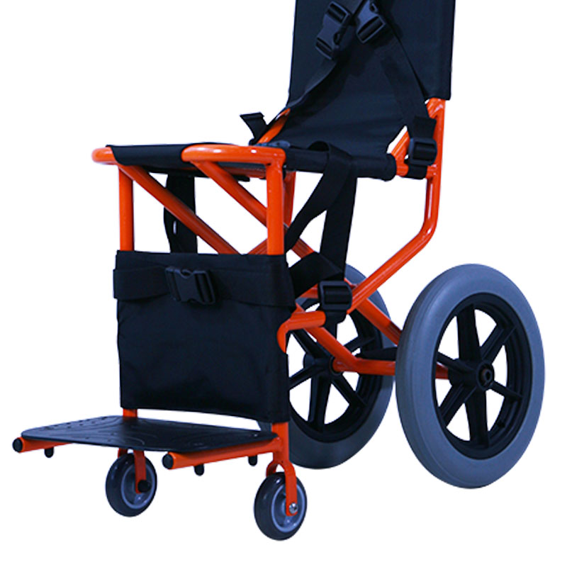 INJET
INJET is a wheelchair specifically designed for transportation within aircraft or trains. Suitable for transport in narrow corridors to access the assigned seat. It is light and easy to maneuver because it is ergonomically designed to keep the position of the career upright.

INJET is equipped with an effective containing band system for user safety; it is also equipped with ankle support and knee-containing band. It is characterized by a very small size that allows the attendant to take the passenger in his seat, passing along the usually very narrow corridor of the airplanes or trains.

It is equipped with a single footboard that further reduces the overall dimensions and a rear-unbalancing lever that facilitates the thrust. The combination of 16 colors allows the INJET to perfectly match the style and colors of the airport, airline companies, and train companies. Its comfortable and tear-proof canvas it is waterproof and can be customized with logos for advertising purposes.